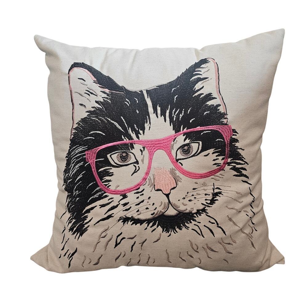 Loom & Mill Cat Face Decorative Pillow 20" Kitty Black Embroidered Home Unique